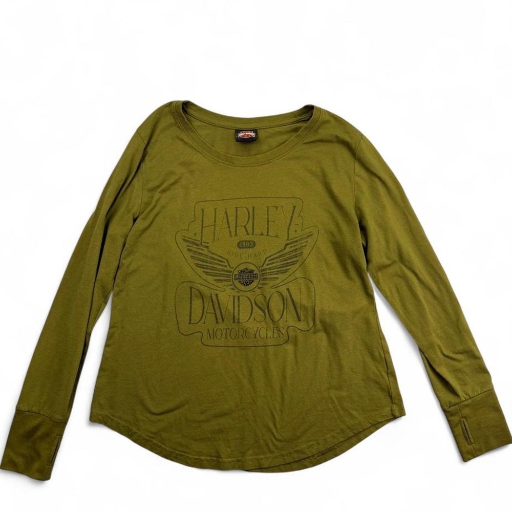 Harley Davidson Shirt Womens Large Olive Green Long Sleeve Thumbhole Salt Lake